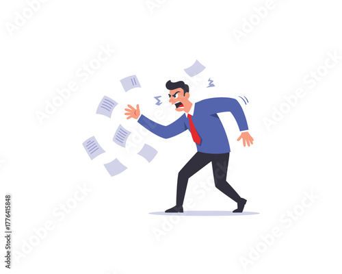 Frustrated businessman in a suit throwing papers in the air with an angry expression and stressed out body language