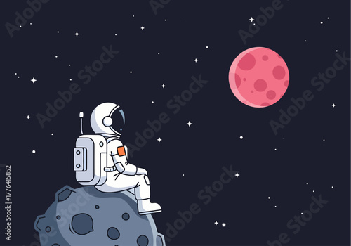 A lone astronaut in a white spacesuit takes a contemplative pause, sitting on a small asteroid while observing a distant, cratered red moon amid a star-filled sky