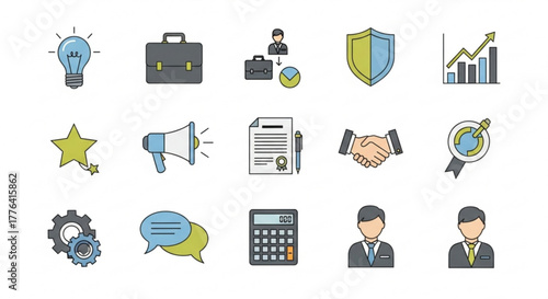 A set of business and finance icons depicting various concepts such as strategy, investment, communication, and management