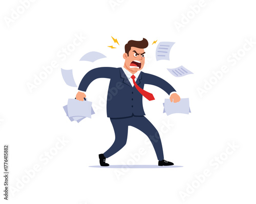 Frustrated businessman in a dark suit and red tie yelling and throwing papers in the air with an angry expression