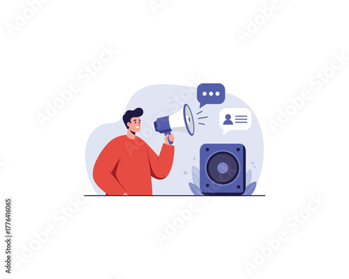Man holding a megaphone announcing information or news with a large speaker and speech bubble in a modern flat illustration style