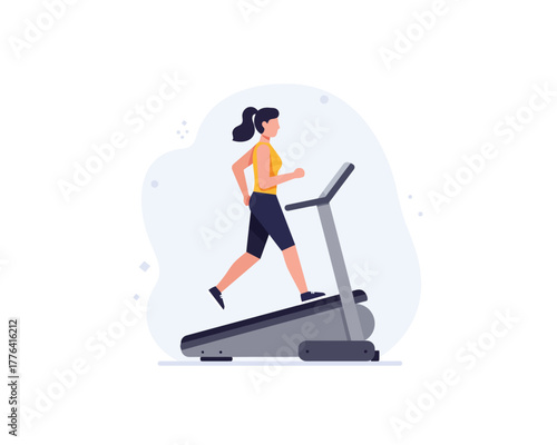 Fit young woman with dark hair running on a treadmill in a modern gym exercising for health and fitness