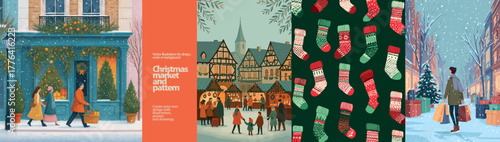 Festive Christmas Market, Shopping & Knit Pattern. A vibrant collection of Christmas market scenes with shoppers, streets, decorated trees, and a pattern of knitted socks  for seasonal designs.