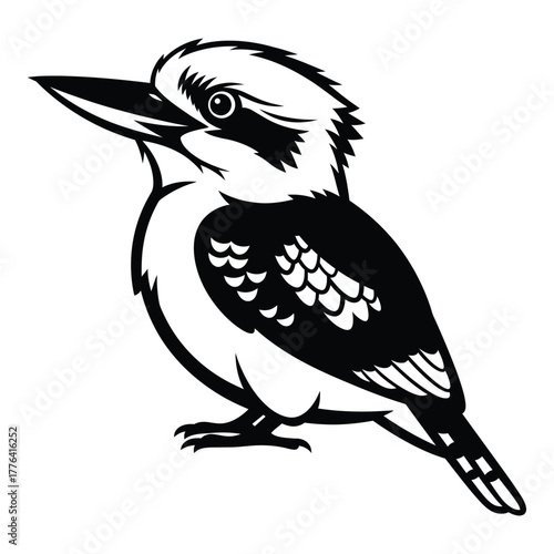 Stylized vector illustration of an australian kookaburra bird, featuring sharp black and white contrast for a distinctive graphic design, ideal for logo, mascot, or nature themes.
