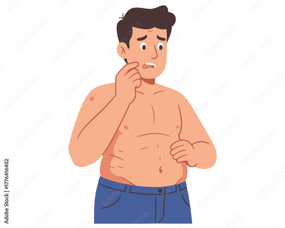 Fototapeta premium Worried man with stubble and chest hair touching his face with a concerned expression isolated on white background