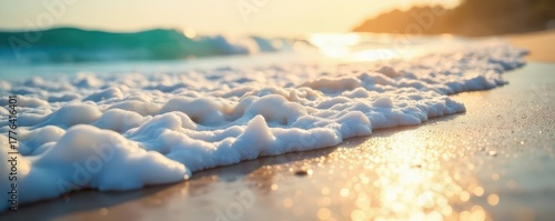 Blurred waves crashing on sandy shore, sunlit bokeh, waves, coastal, beach