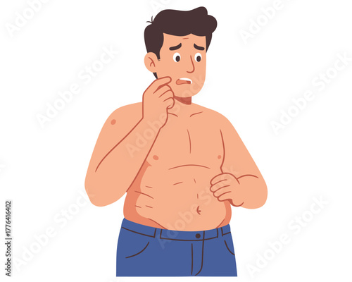 Worried man with stubble and chest hair touching his face with a concerned expression isolated on white background