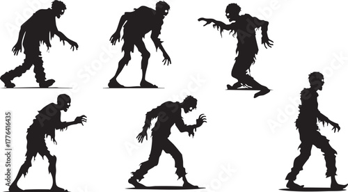 Zombie Silhouettes in Creepy Poses Horror Walking Undead Figures, Vector File, Transparent Background