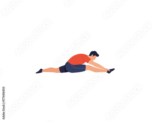 Man performing a full split stretch exercise demonstrating flexibility and physical fitness on a white background