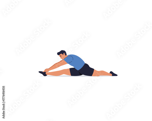 Athletic man performing a full split stretch exercise on a white background for flexibility and fitness