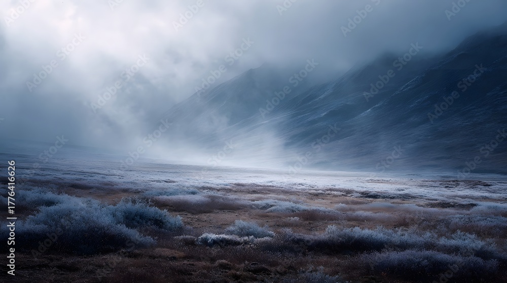 Obraz premium Misty arctic landscape featuring frost covered tundra plains and dramatic mountains under a clouded dawn sky