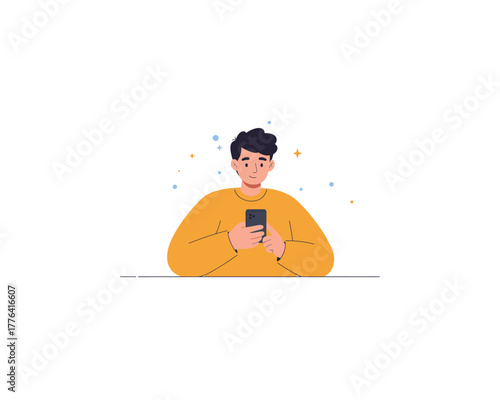 Young man with dark curly hair wearing a yellow hoodie engrossed in his smartphone with small dots floating around him