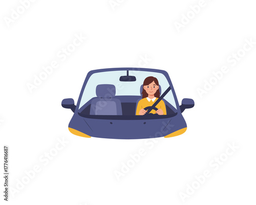 Woman driving a modern car with seatbelt fastened safely viewed from the front isolated on white background