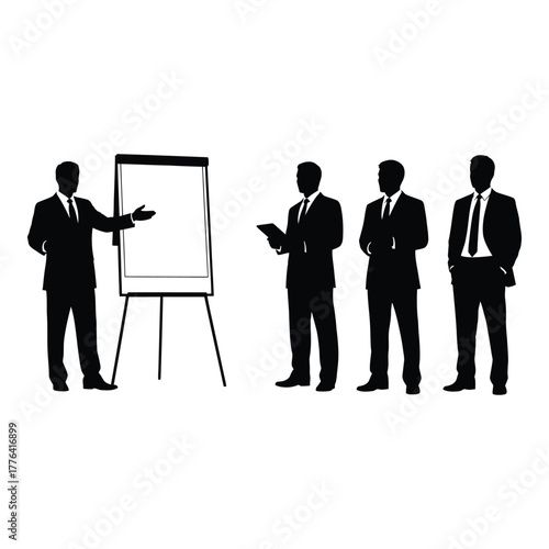 Businessmen silhouettes delivering a corporate presentation at a flip chart, demonstrating teamwork, strategy, and professional discussion during a meeting or training session, business education.