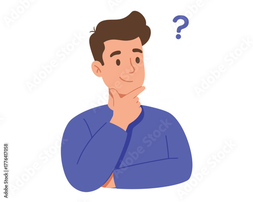 A thoughtful man with a question mark above his head pondering a difficult decision or problem with a confused expression