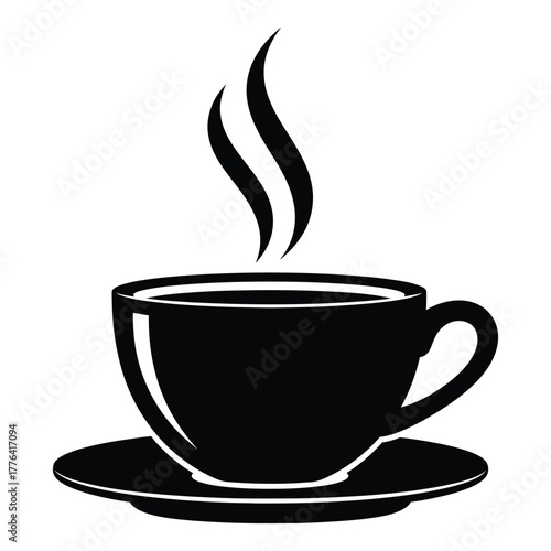 Steaming hot coffee cup with saucer, black silhouette icon vector illustration. minimalist design for cafes, breakfast, morning, and beverage concepts. warm drink symbol.
