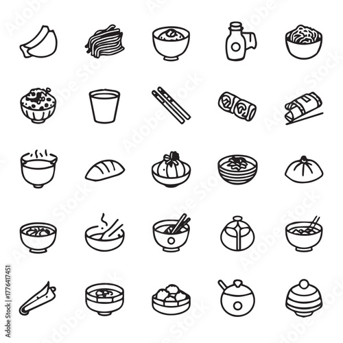 Vector icon set featuring popular Chinese food items in flat modern style.
