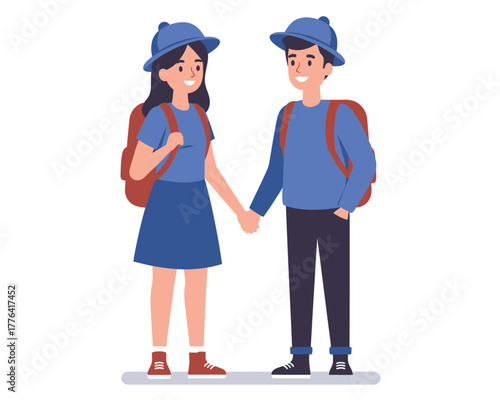 Young couple holding hands wearing backpacks and hats ready for a fun adventure together outdoors