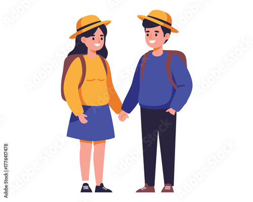 Young couple holding hands wearing backpacks and hats ready for an exciting outdoor adventure together