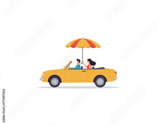 Couple enjoying a sunny day drive in a convertible car with an umbrella providing shade for protection from the sun
