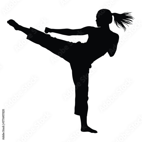 Female martial artist silhouette performing a powerful, dynamic high kick in a training or combat scenario, showcasing strength, agility, and self-defense discipline.
