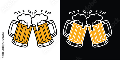 Yellow Beer Glasses Toasting with Foam Splash Pub or Bar Logo Vector Graphic