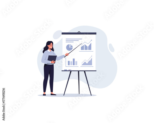 Businesswoman presenting financial data and charts on a flip chart during a corporate meeting or seminar