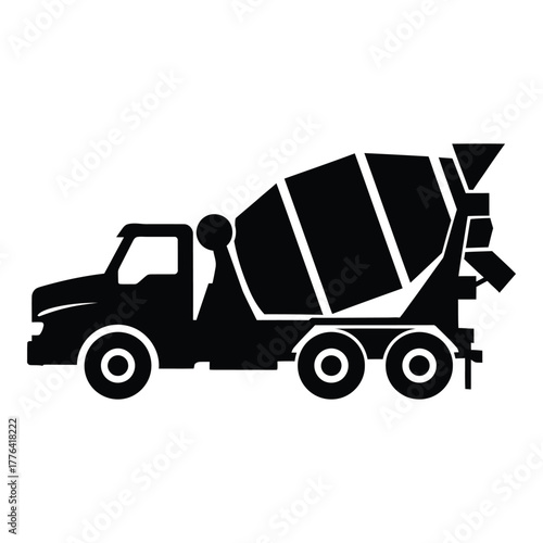 Black silhouette icon of a concrete mixer truck, a heavy construction vehicle used for mixing and transporting cement, vital for building sites, infrastructure, and roadwork.