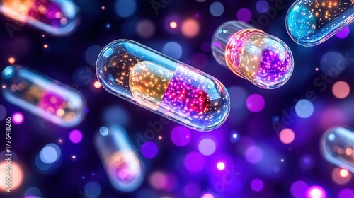 Transparent Colorful Capsule Pills Floating on Dark Purple