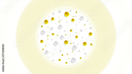 Yellow circular lines and orange grey glossy spheres abstract geometric background. Seamless looping motion design. Video animation Ultra HD 4K 3840x2160