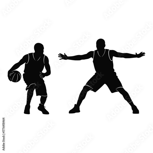 Basketball players silhouettes vector illustration on white background, dynamic sports action, one dribbling, other in defense, competition concept graphic art.