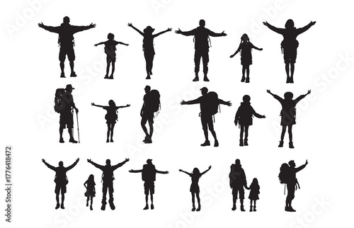 Silhouette of a happy family climbing a mountain, outdoor activities