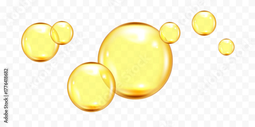 Golden, yellow oil drops, bubbles vector illustration on transparent background