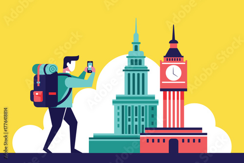 Tourist taking picture of landmarks vector illustration