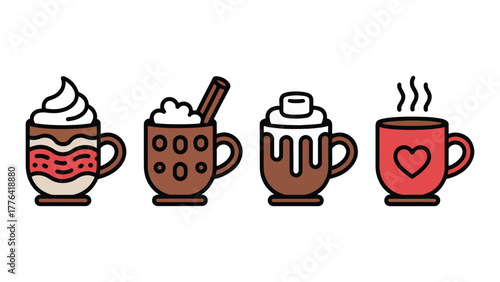 Hot chocolate cups with various toppings