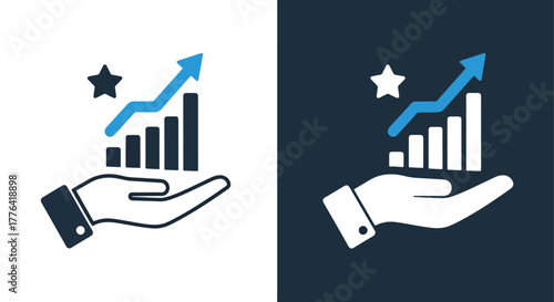 Hand holding growing chart and star - Vector icon symbol for website - Icon vector - Blue icon vector - Line and glyph solid icon and logo template