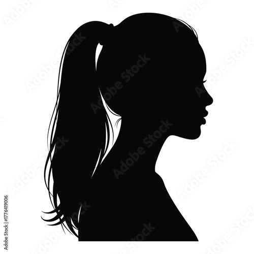 Silhouette of a young woman in profile with a high ponytail, representing beauty, elegance, and feminine identity, isolated on a clean white background for design.