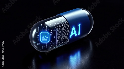 Glowing Blue AI Pill with Circuit Board 3D Render