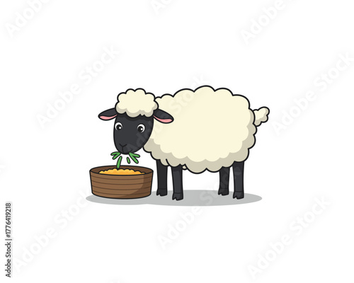 Cute cartoon sheep with fluffy white wool eating hay from a wooden trough on a white background