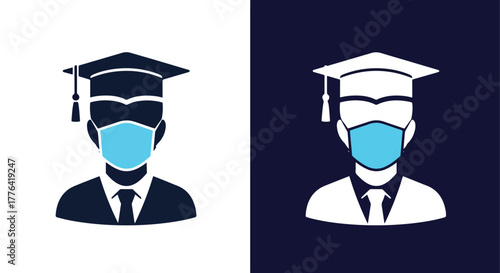 Graduating student in face mask - Vector icon symbol for website - Icon vector - Blue icon vector - Line and glyph solid icon and logo template