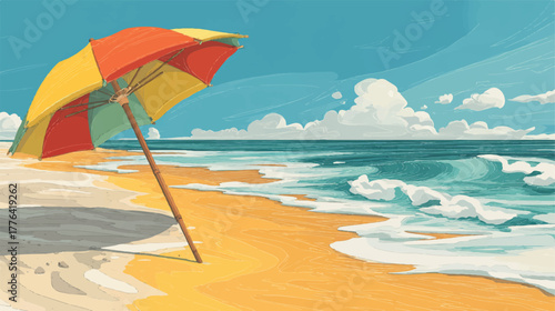 Seaside Serenity A Colorful Beach Umbrella on Golden Sands with Gentle Ocean Waves and Fluffy Clouds Offering a Relaxing Vacation Escape