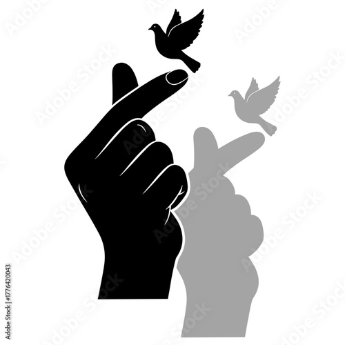 Hand releasing bird icon for peace, freedom and letting go concept