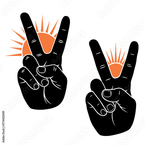 Set of 2 peace sign hands with sun icon for hope and new beginning