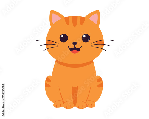 Adorable cartoon orange tabby kitten with big eyes and a happy smile sitting and looking forward