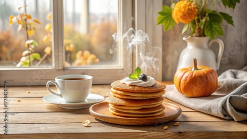 Wallpaper Mural Aromatic Coffee and Fluffy Pancakes on a Sunny Autumn Morning by a Window Torontodigital.ca