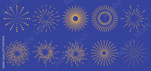 Set of golden fireworks burst designs on deep blue background, collection of decorative glowing radial elements for celebration, New Year, or festive vector projects