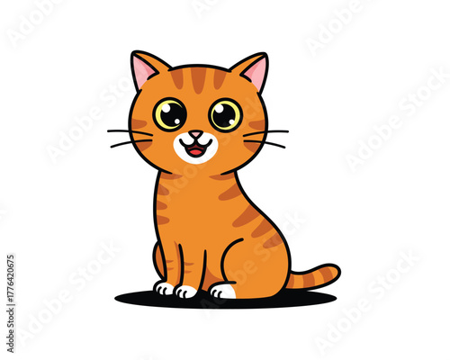 Adorable cartoon orange tabby cat with big eyes and a happy smile sitting and looking forward