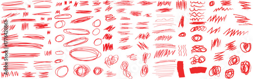 Abstract red marks and scribbles on white background collection of varied red abstract marks, lines, and scribbles scattered across a white canvas.