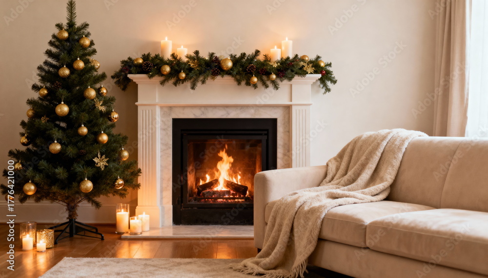 Fototapeta premium Elegant Holiday Home Scene with Golden Ornaments and Burning Fireplace