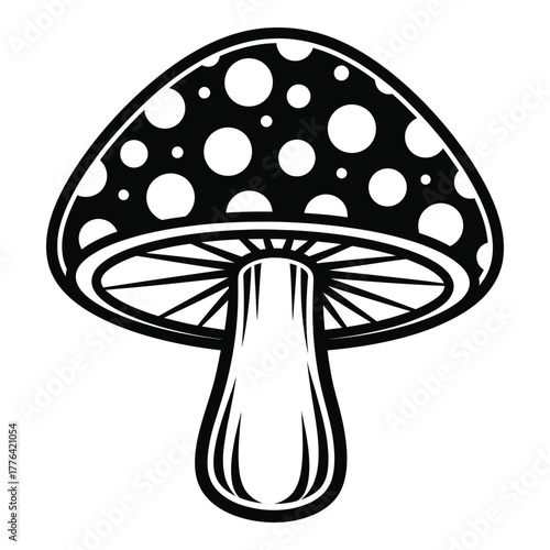 Stylized black and white mushroom with prominent polka dots and clear gills, a classic whimsical fungi icon perfect for nature, fantasy, or culinary designs and themes.